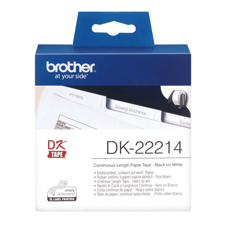 Original Brother DK22214  taperull i papir i løpende lengde – sort på hvit, 12 mm bred